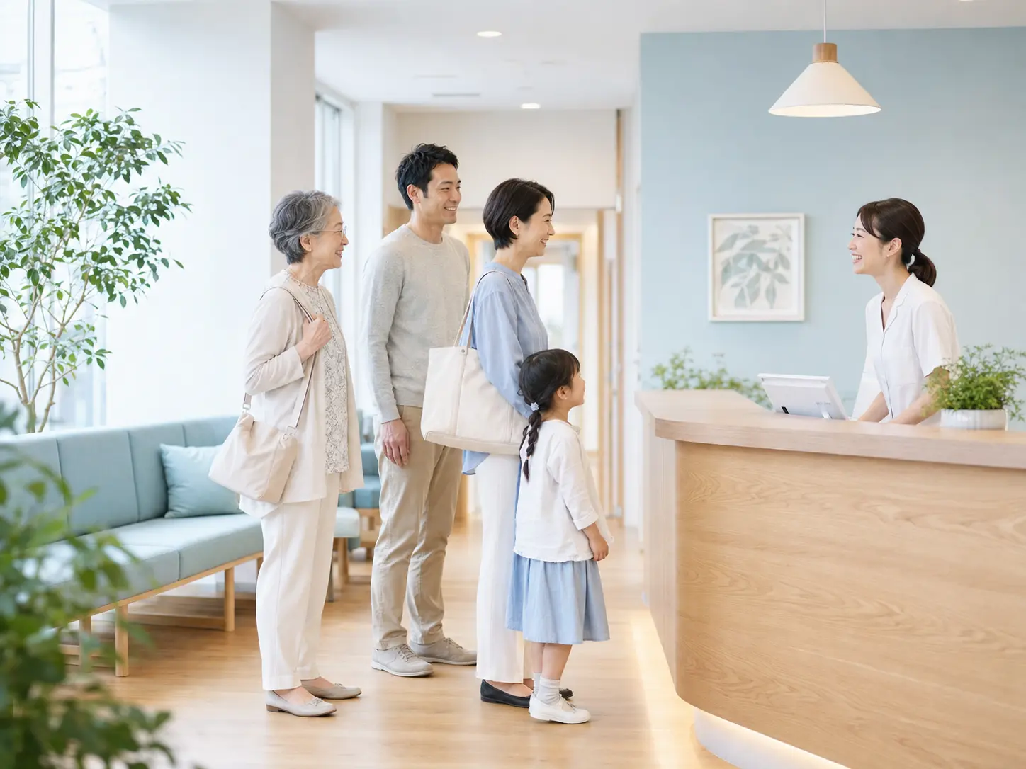 明るいファミリークリニックの受付で案内を受ける家族